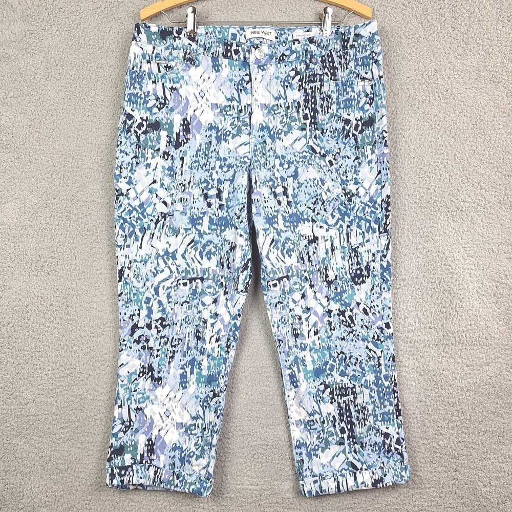 Nine West Chrystie Capri‎ Pants Womens 14 Blue White Abstract Print Cropped